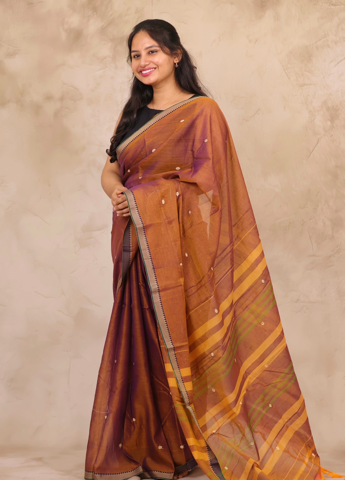Mustard Narayanpet Cotton Saree With Butta Weaving | Looms & Tassels
