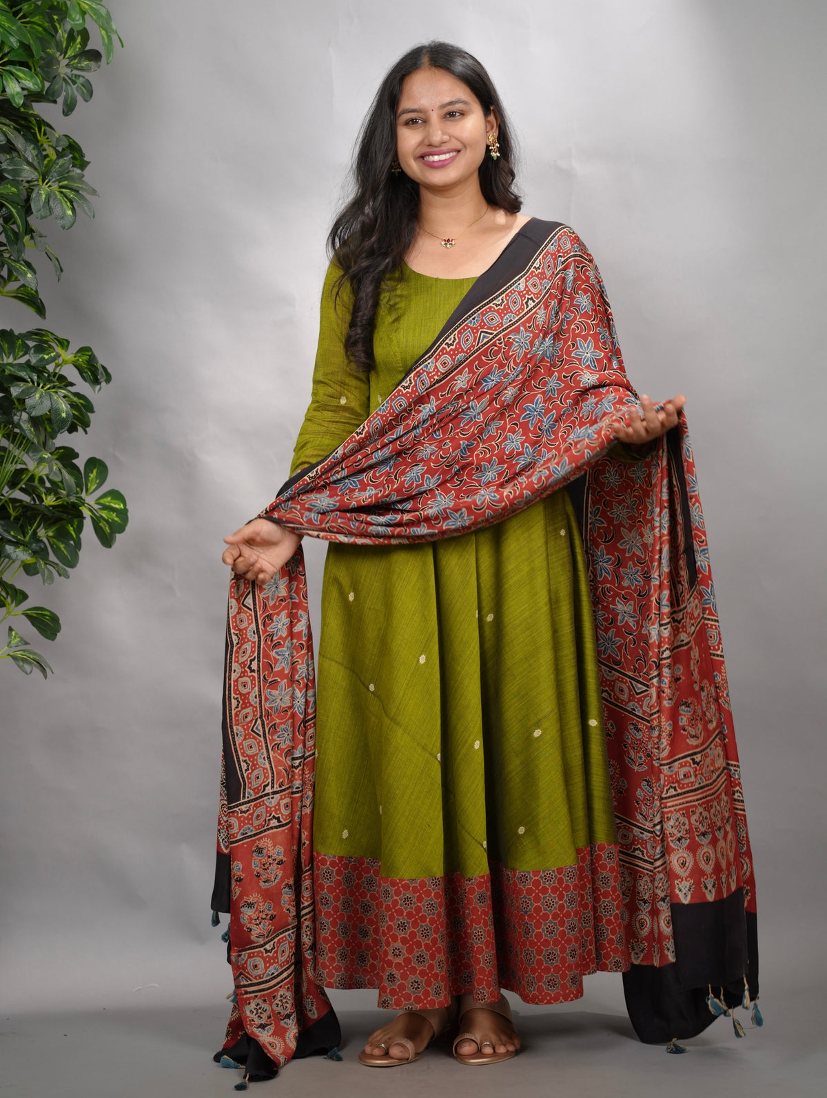 Parrot  Green Ajrakh Patch Work Narayanpet Cotton Anarkali Dress with Ajrakh Modal Silk Dupatta | Looms & Tassels