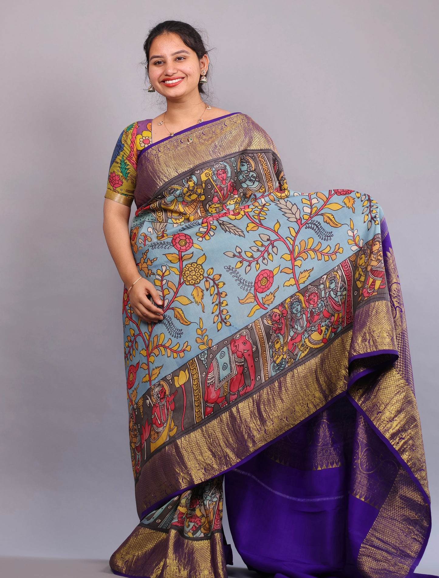 Blue Kanchi Pattu Hand Painted Pen Kalamkari Saree