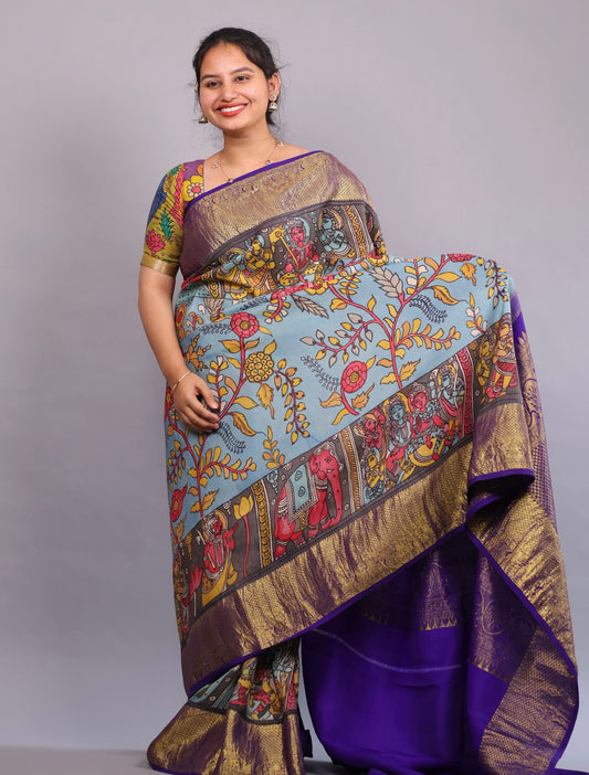 Blue Kanchi Pattu Hand Painted Pen Kalamkari Saree