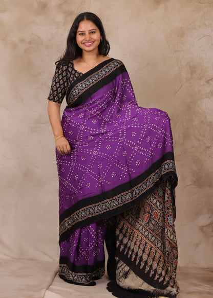 Violet Hand Knotted Bandhej Arakh Modal Silk Saree with Lagdi Pallu | Looms & Tassels