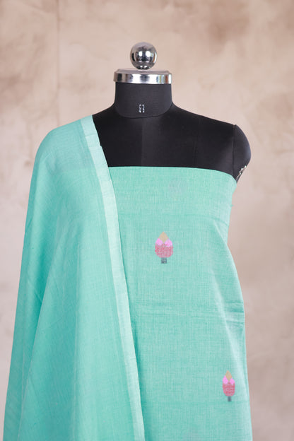 Sea Green Handwoven Jamdhani weaving pure Malai cotton 2 piece suit sets | Looms & Tassels