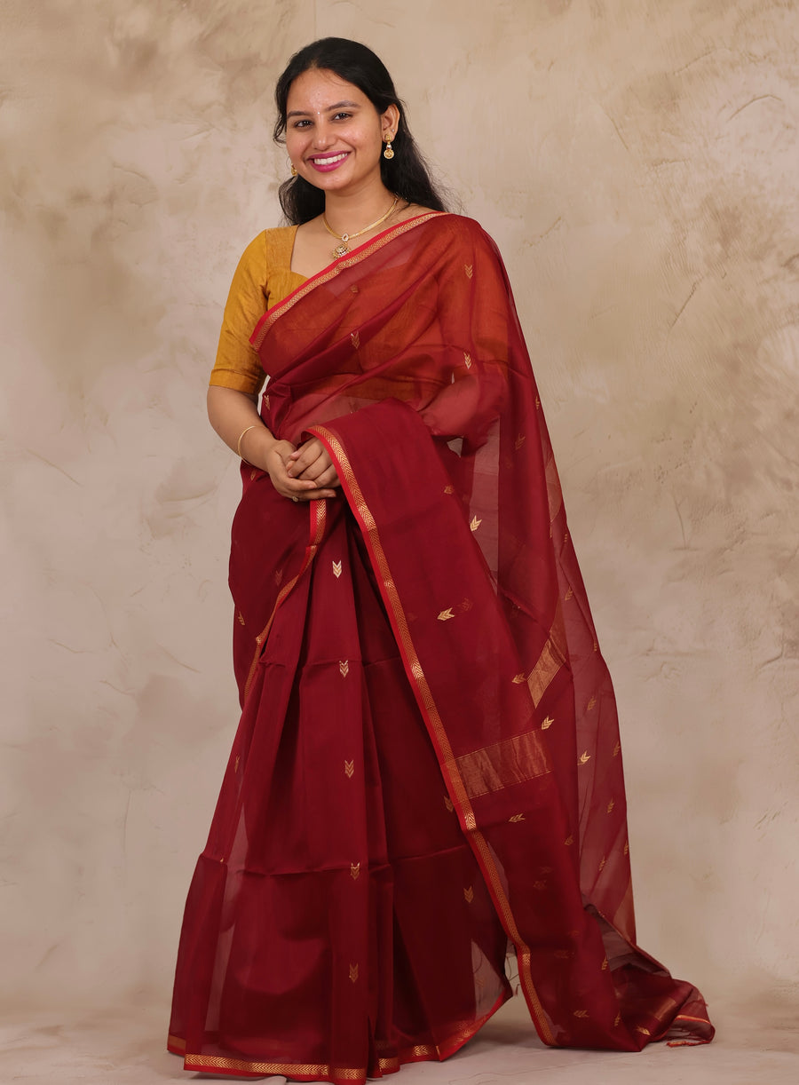 Maroon Handloom Maheswari Silk Cotton Sarees | Looms & Tassels