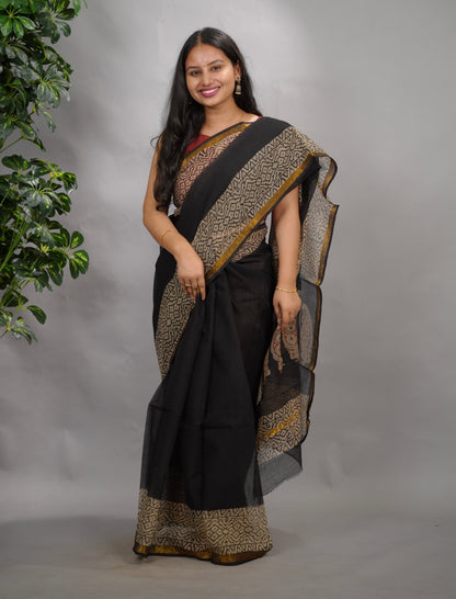 Black Pure Kota Doria Saree with Bagru Handblock Prints