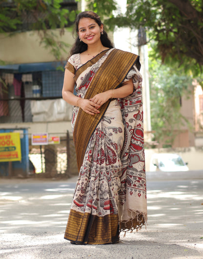 Cream Kanchi Border Kalamkari Chennur Silk Saree