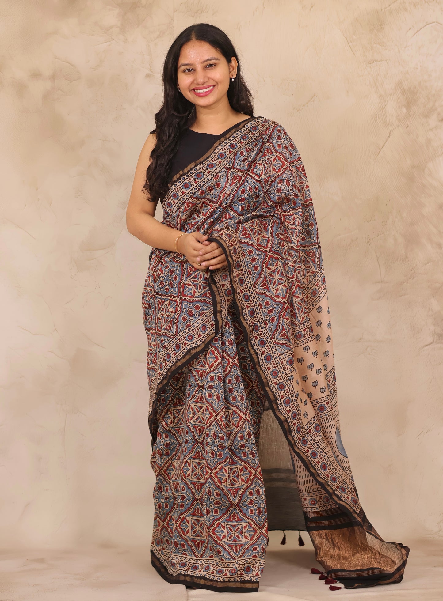 Maheswari Silk Cotton Ajrakh Handblock Printed Saree | Looms & Tassels