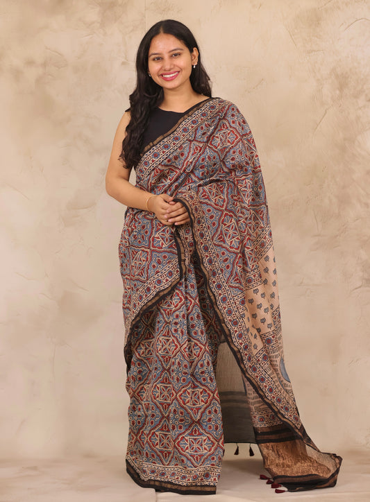 Chanderi Silk Cotton Ajrakh Handblock Printed Saree | Looms & Tassels