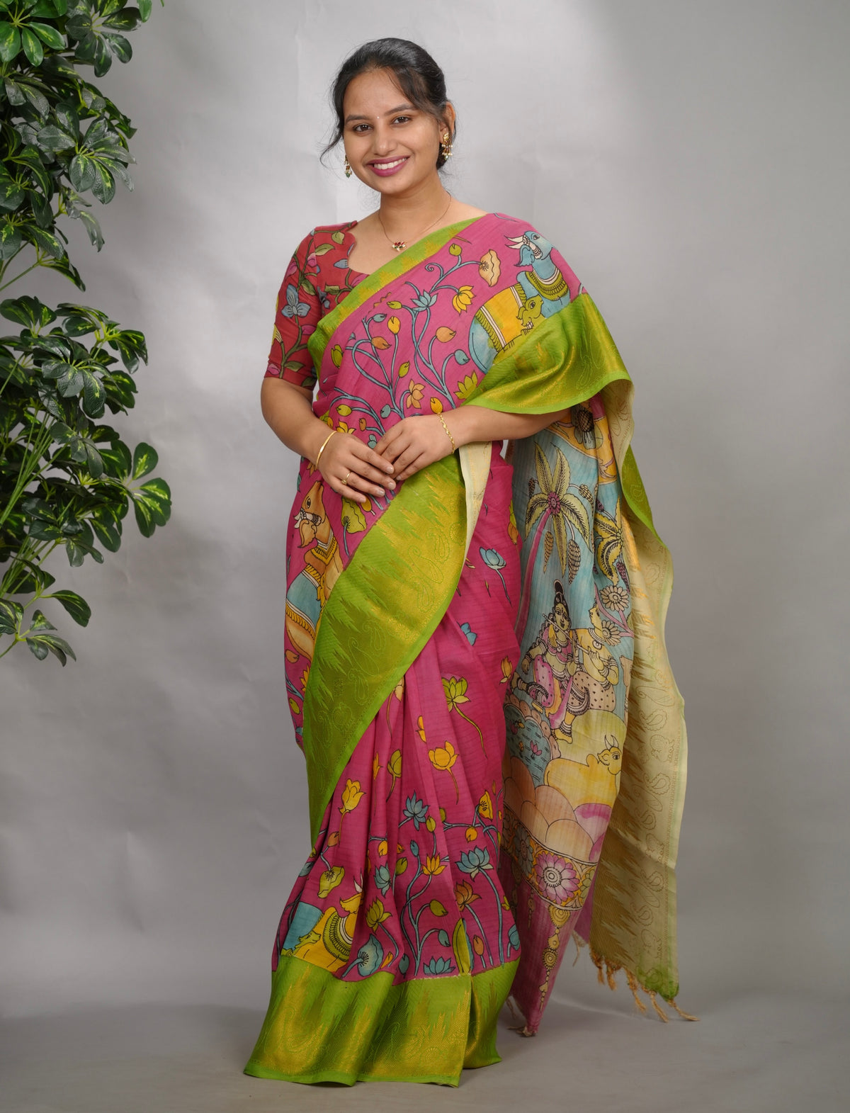 Pink Hand Drawn Pen Kalamkari Bangalore Silk Kanchi Border Saree | Looms & Tassels