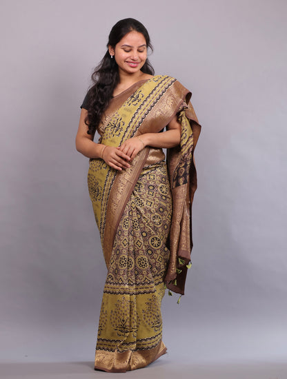 Olive Green Geometrical Authentic Ajrakh Hand Block printed  Dola Silk Saree | Looms & tassels
