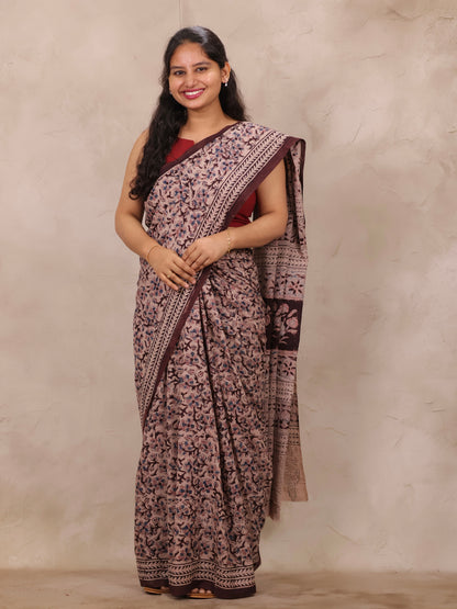 Brown Hand Block Printed Kalamkari Cotton Saree | Looms & Tassels