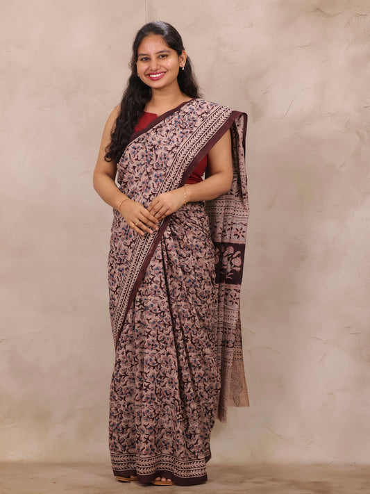 Brown Hand Block Printed Kalamkari Cotton Saree | Looms & Tassels