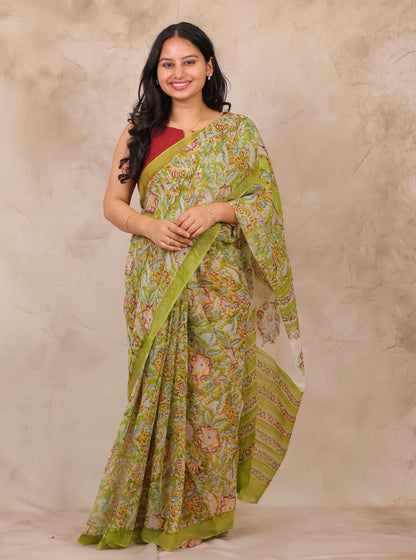 Green Chiffon Hand Block Printed Saree | Looms & Tassels