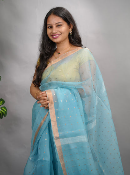 Sky Blue Handwoven Muslin Silk Saree With Sequence Work | Looms & Tassels
