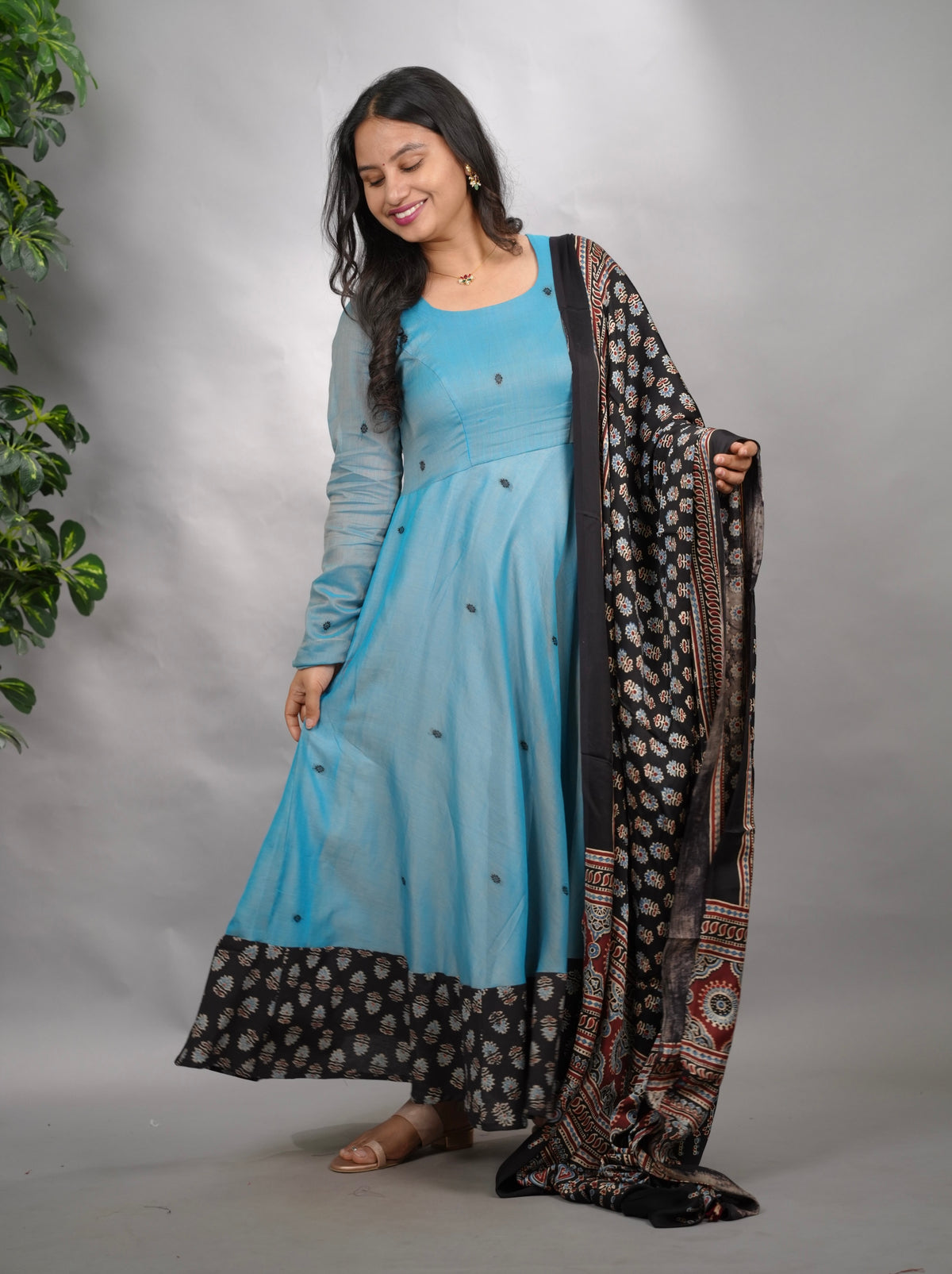 Sky Blue Ajrakh Patch Work Narayanpet Cotton Anarkali Dress with Ajrakh Modal Silk Dupatta | Looms & Tassels