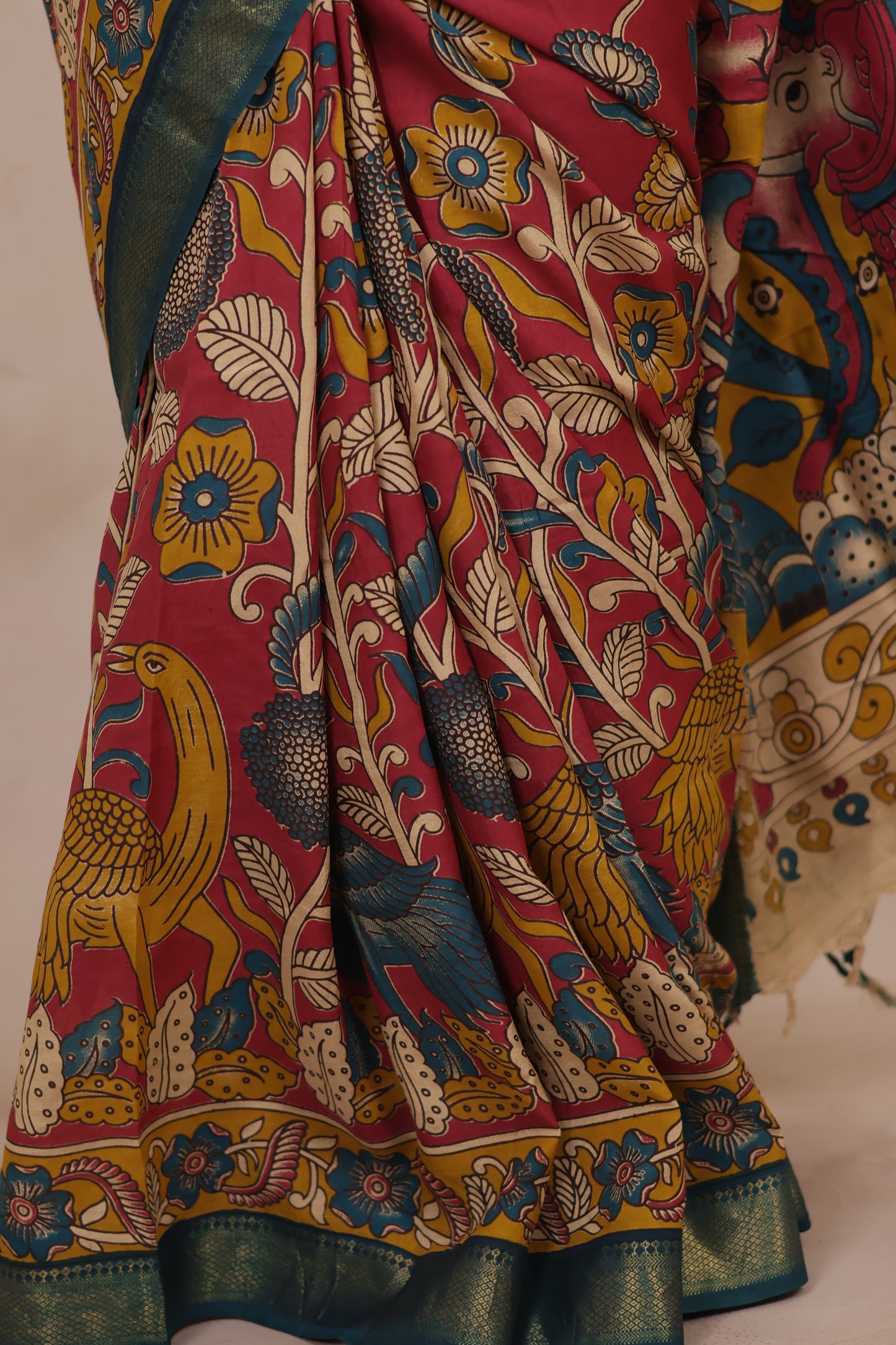 Magenta Floral Kalamkari Nizam Border Chennur Silk Saree | Looms & Tassels