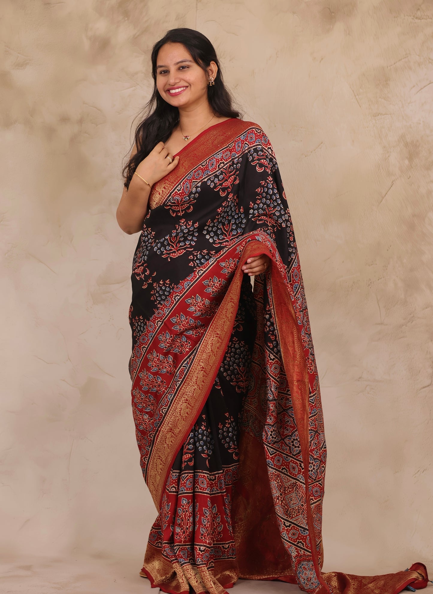 Black & Red Ajrakh Handblock printed Dola Silk Saree | Looms & Tassels