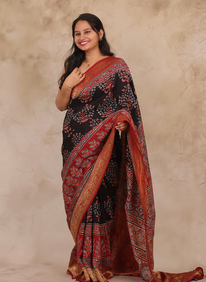 Black & Red Ajrakh Handblock printed Dola Silk Saree | Looms & Tassels