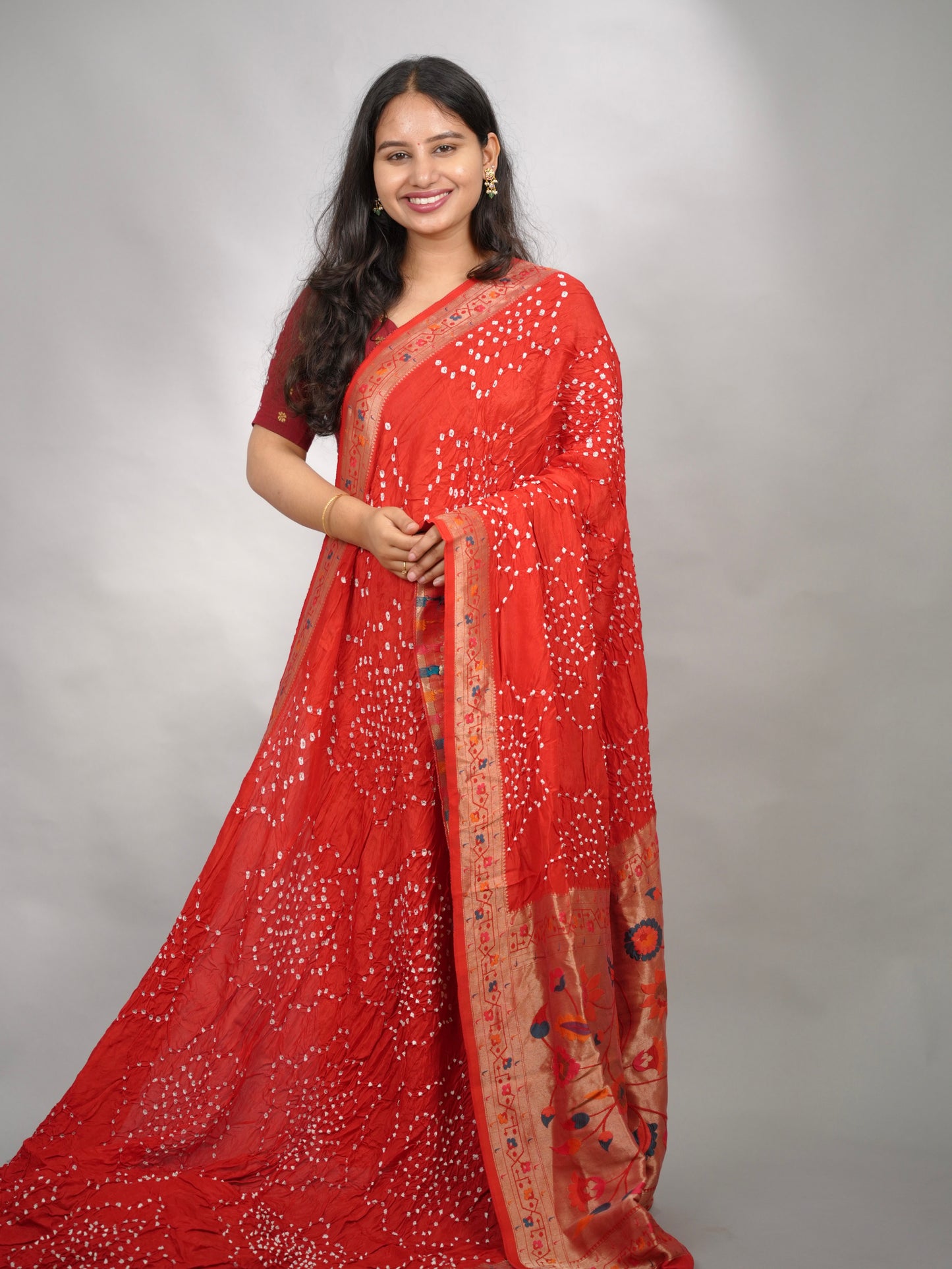 Red Handcrafted Pattern Bandhani Paithani Dola Silk Saree | Looms & Tassels