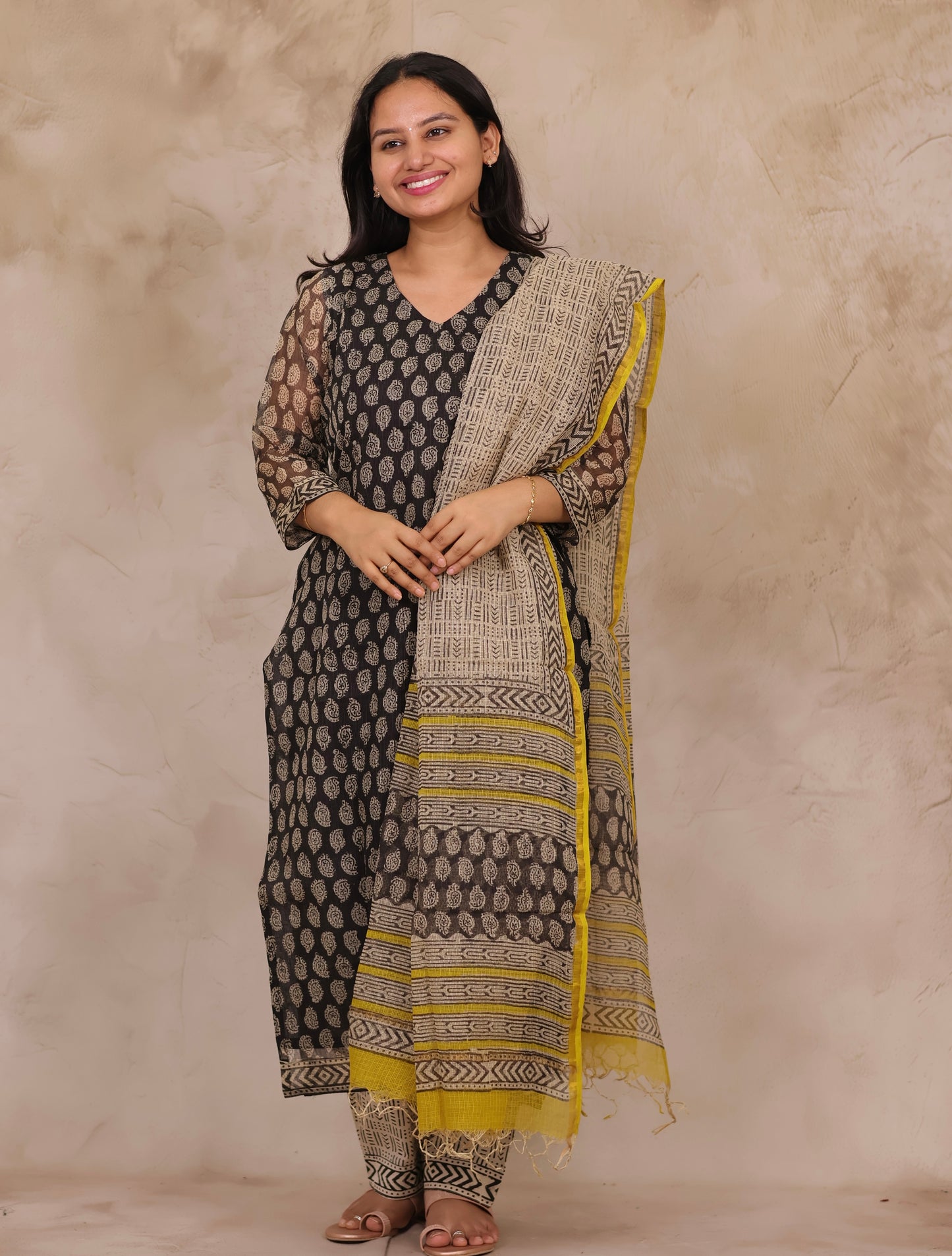 Black Handblock printed kota 3 piece suit (stitched)