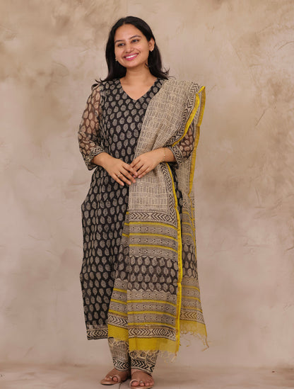 Black Handblock printed kota 3 piece suit (stitched)