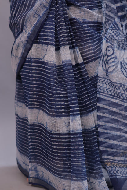 Pure Kota Doria Saree with Bagru Handblock Prints – Blue | Looms&Tassels