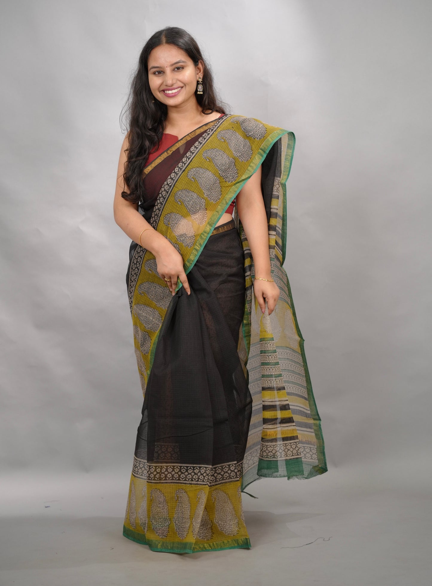 Black & Yellow Pure Kota Doria Saree with Bagru Handblock Prints | Looms & Tassels