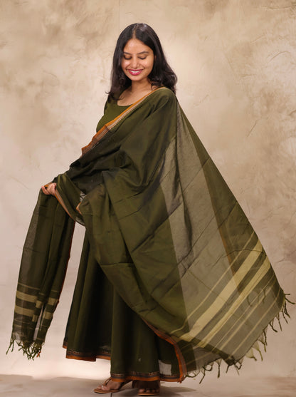 Mehendi Green Narayanpet Cotton Anarkali Dress with Narayanpet Dupatta | Looms & Tassels