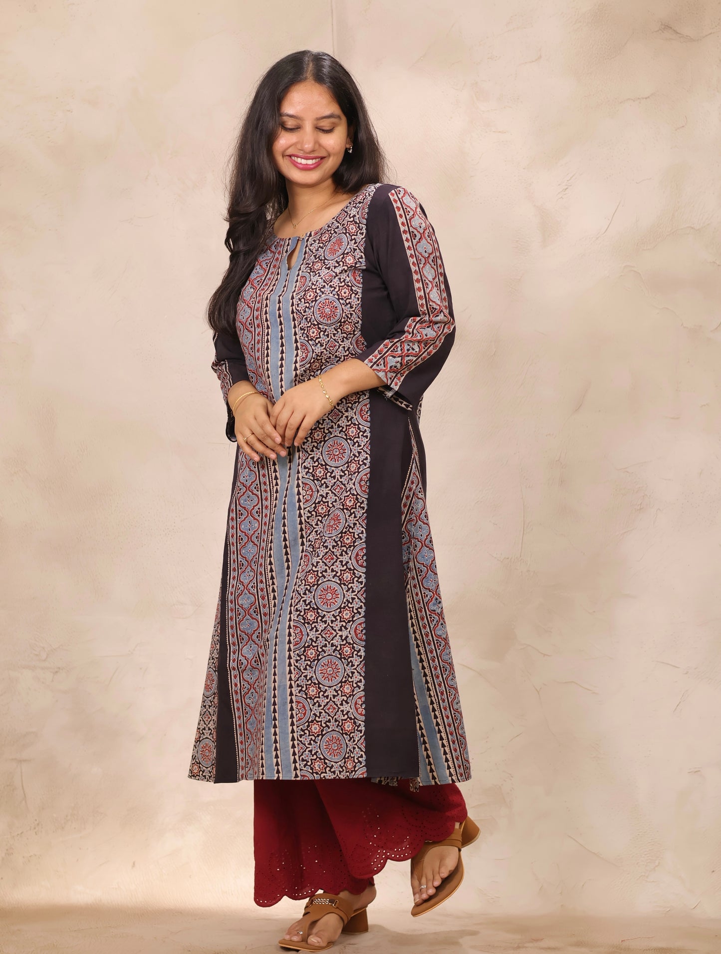 Black Ajrakh Pattern Hand Block printed Aline Kurti | Looms & Tassels