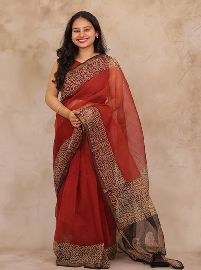Maroon Pure Kota Doria Saree with Bagru Handblock Prints | Looms & Tassels