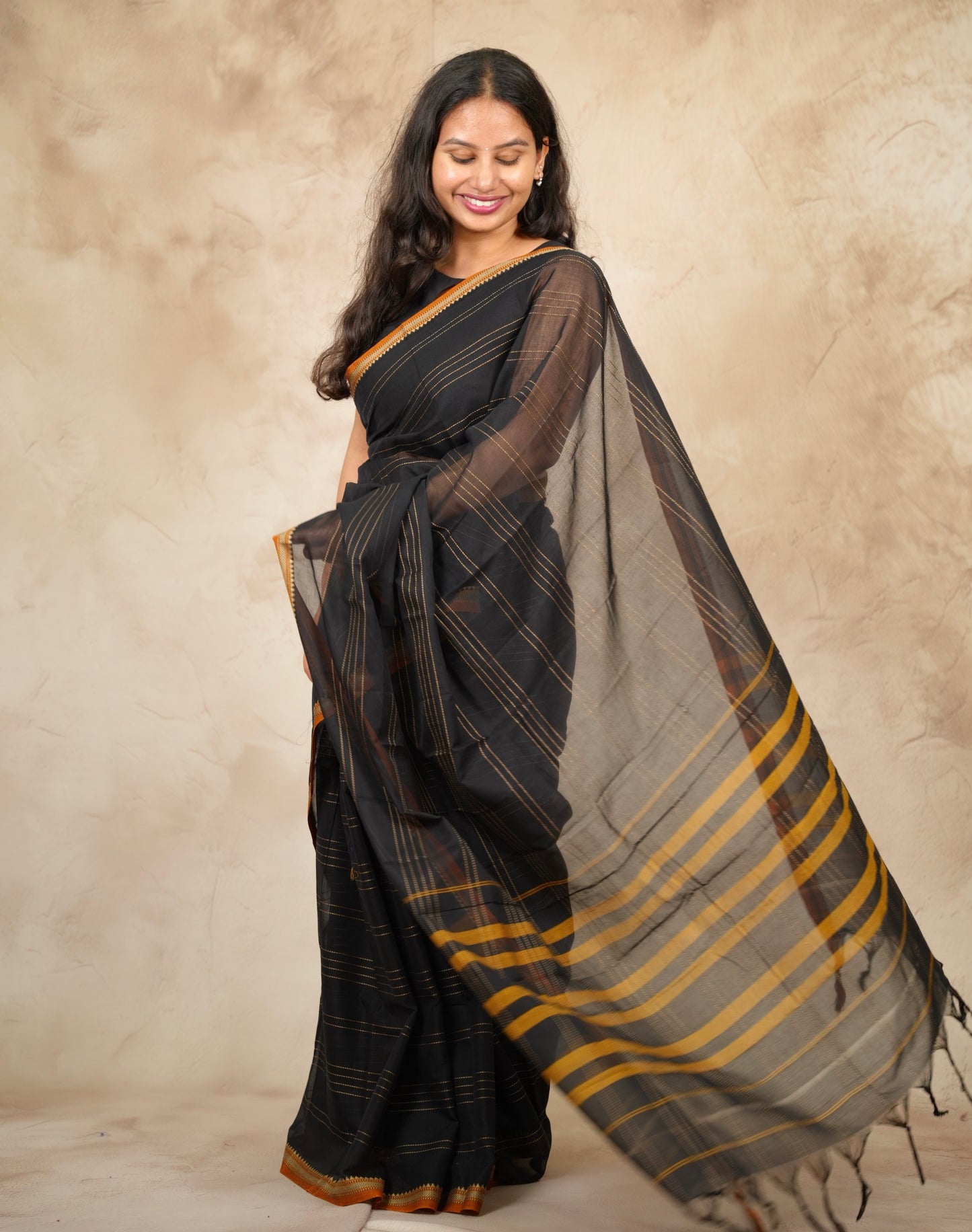 Black Narayanpet Cotton Saree lines weaving | Looms & Tassels