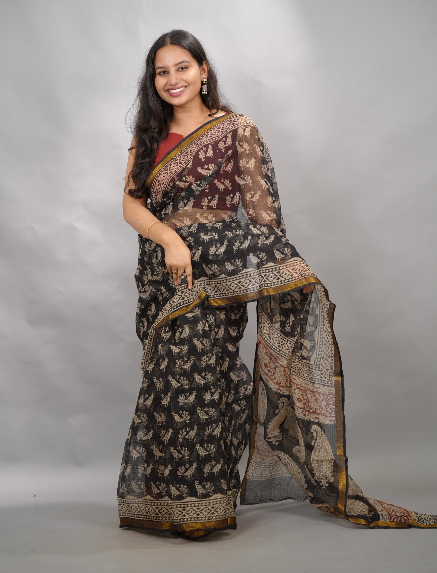 Black Pure Kota Doria Saree with Bagru Handblock Prints | Looms & Tassels