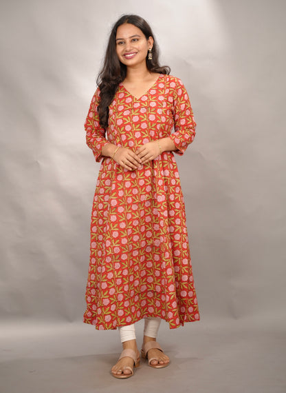 Red Pure Mul Cotton Kali Kurta  | Looms & Tassels