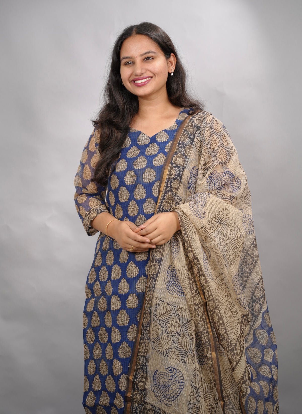 Blue Handblock printed kota 3 piece suit (stitched) | Looms & Tassels