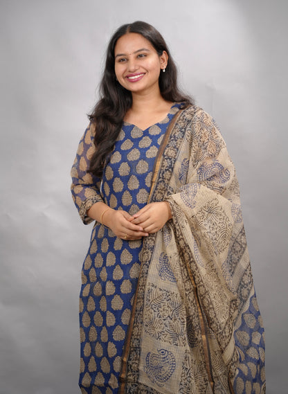 Blue Handblock printed kota 3 piece suit (stitched) | Looms & Tassels