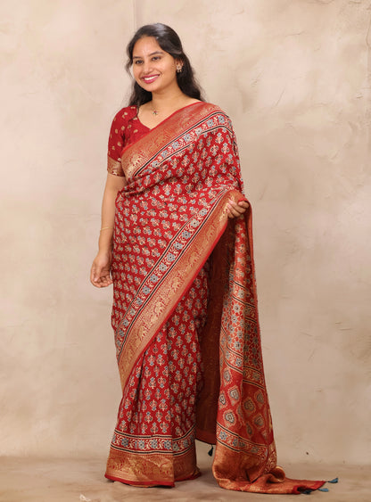 Red Ajrakh Handblock printed Dola Silk Saree | Looms & Tassels
