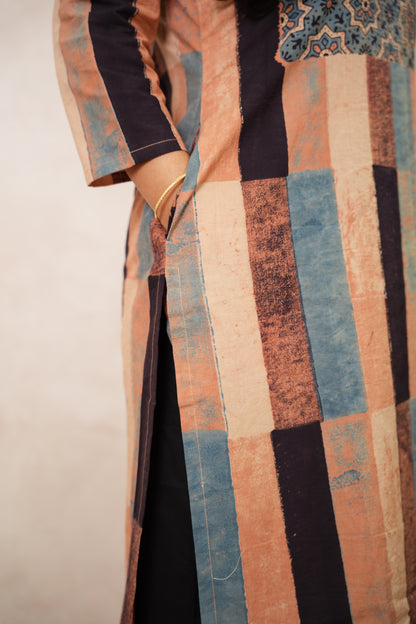 Contemporary Ajrakh Pattern Hand Block printed Kurti | Looms & Tassels
