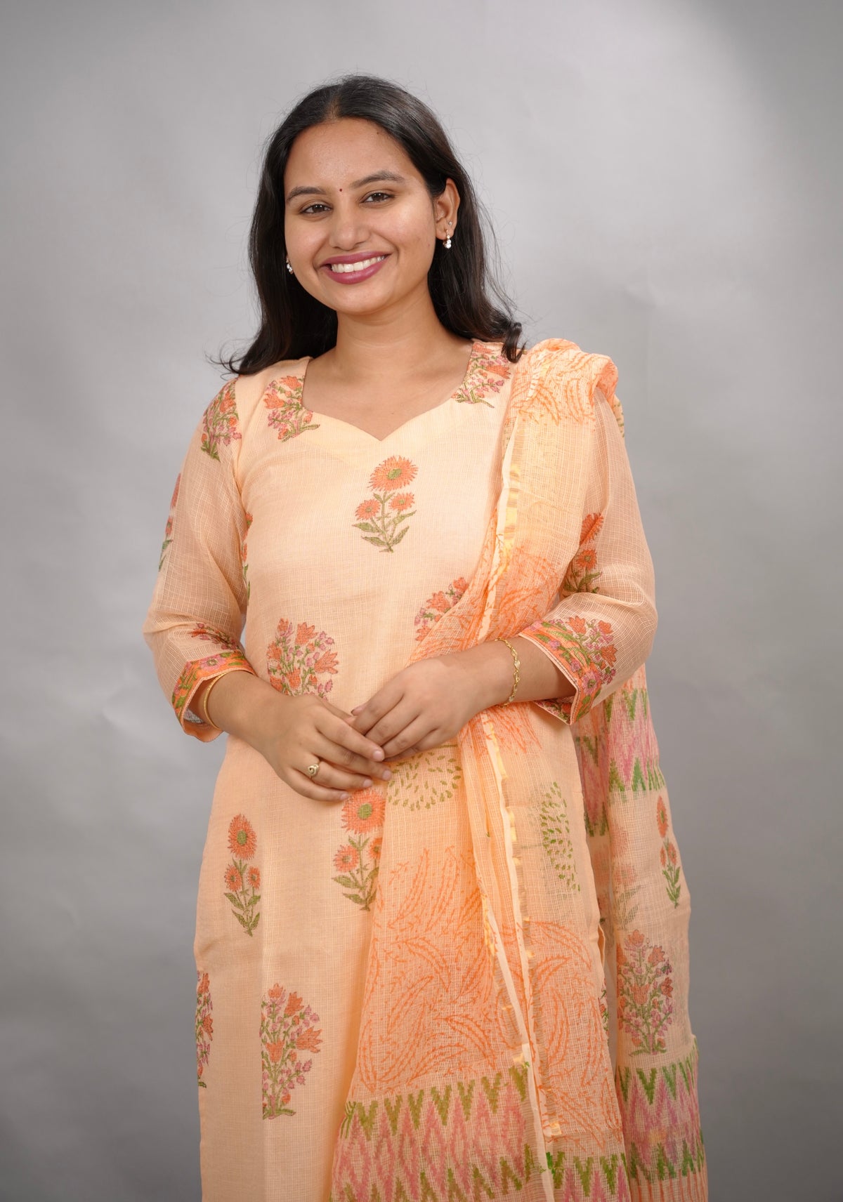Pastel Handblock printed kota 3 piece suit (stitched)| Looms & Tassels