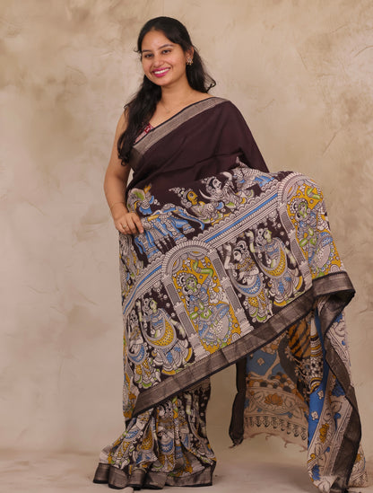 Chocolate Brown Story Telling Kalamkari Nizam Border Chennur Silk Saree | Looms & Tassels