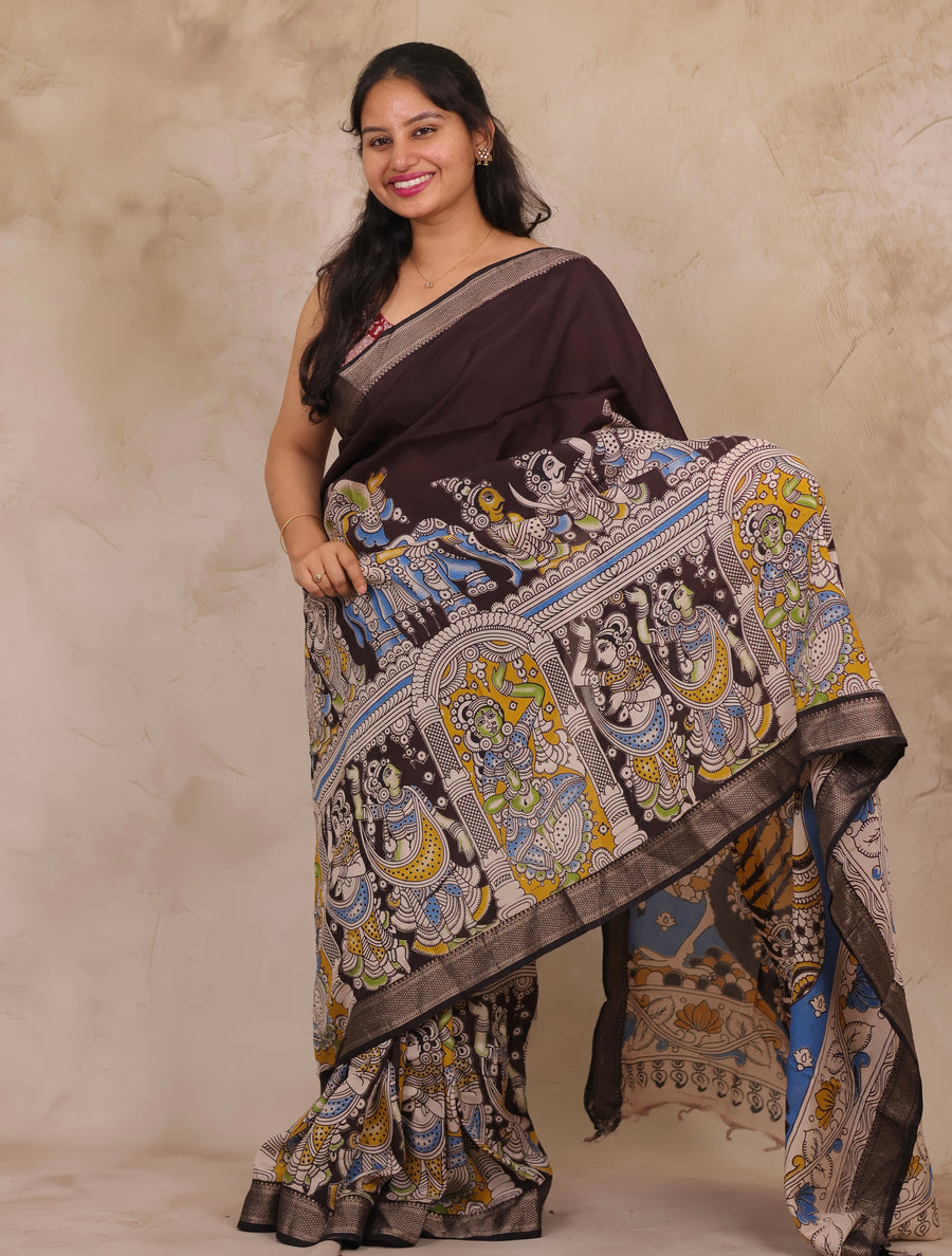 Chocolate Brown Story Telling Kalamkari Nizam Border Chennur Silk Saree | Looms & Tassels