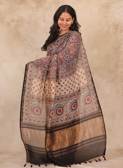 Maheswari Silk Cotton Ajrakh Handblock Printed Saree | Looms & Tassels