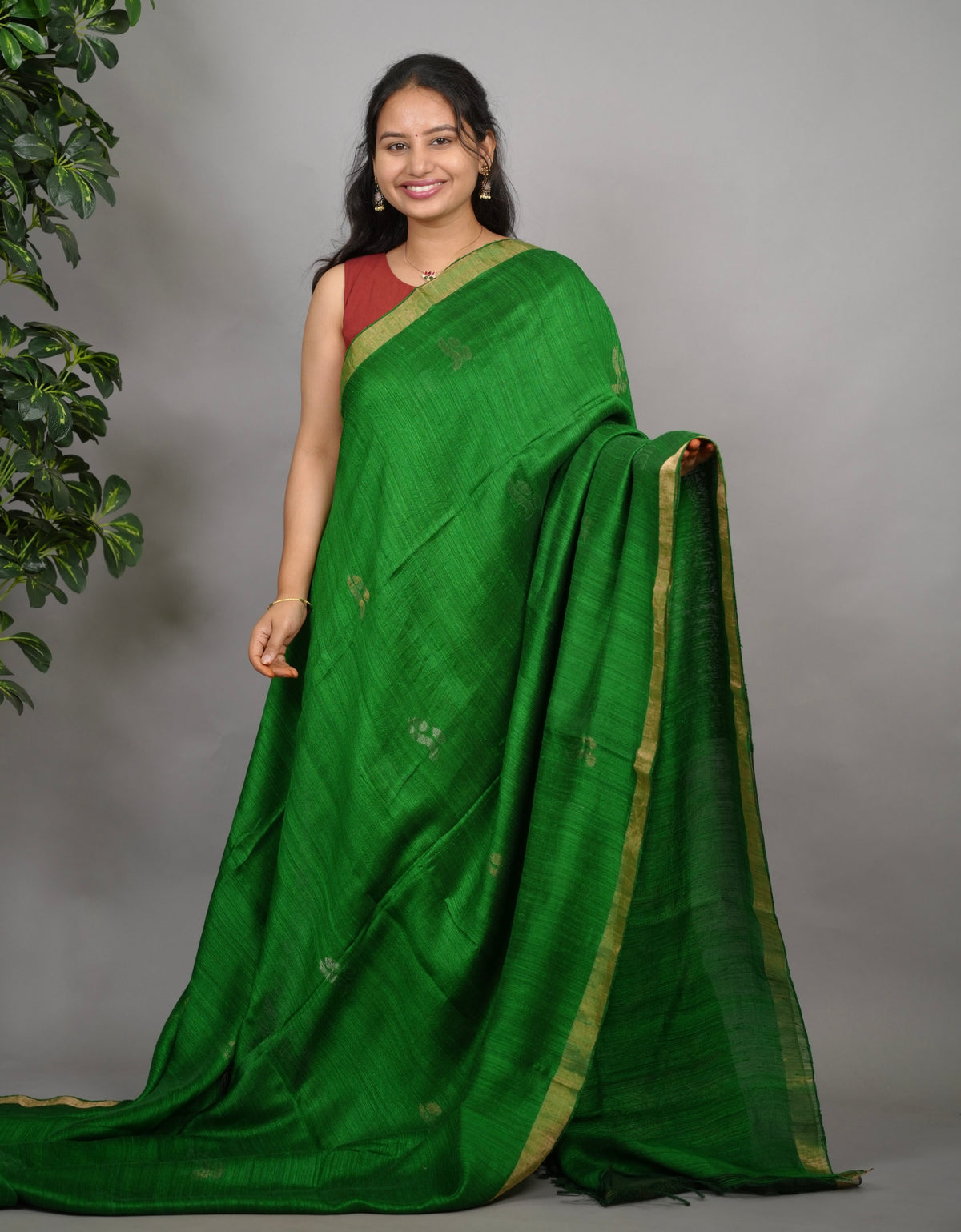 Green Handloom Jamdhani Pure Matka Silk Saree with Muslin Silk Pallu