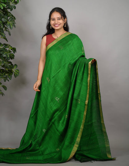 Green Handloom Jamdhani Pure Matka Silk Saree with Muslin Silk Pallu