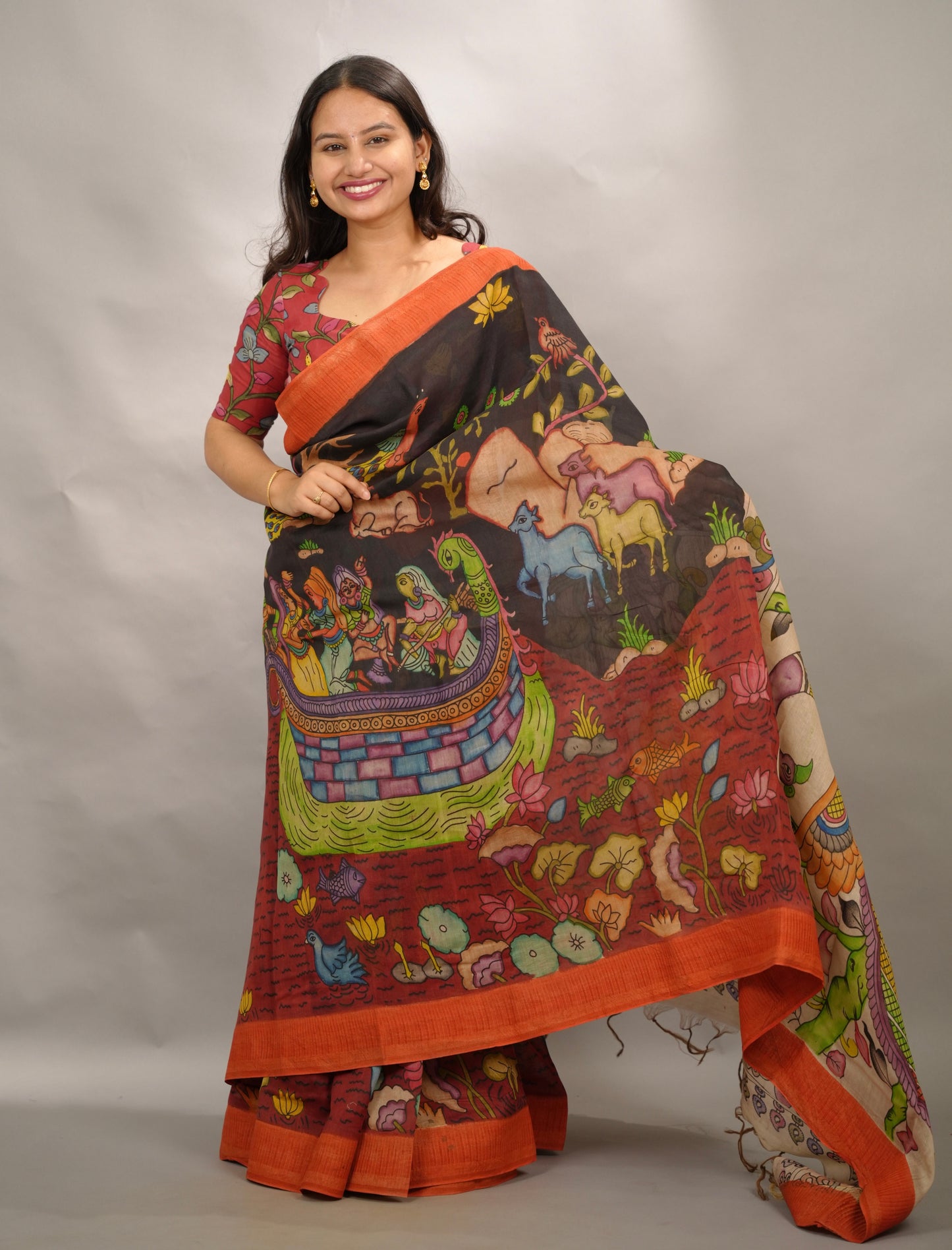 Black Hand Drawn Pen Kalamkari Bangalore Silk Gicha Border Saree | Looms & Tassels