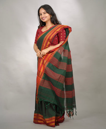 Bottle Green Checks Narayanpet Cotton Saree with Traditional contrast Border | Looms & Tassels
