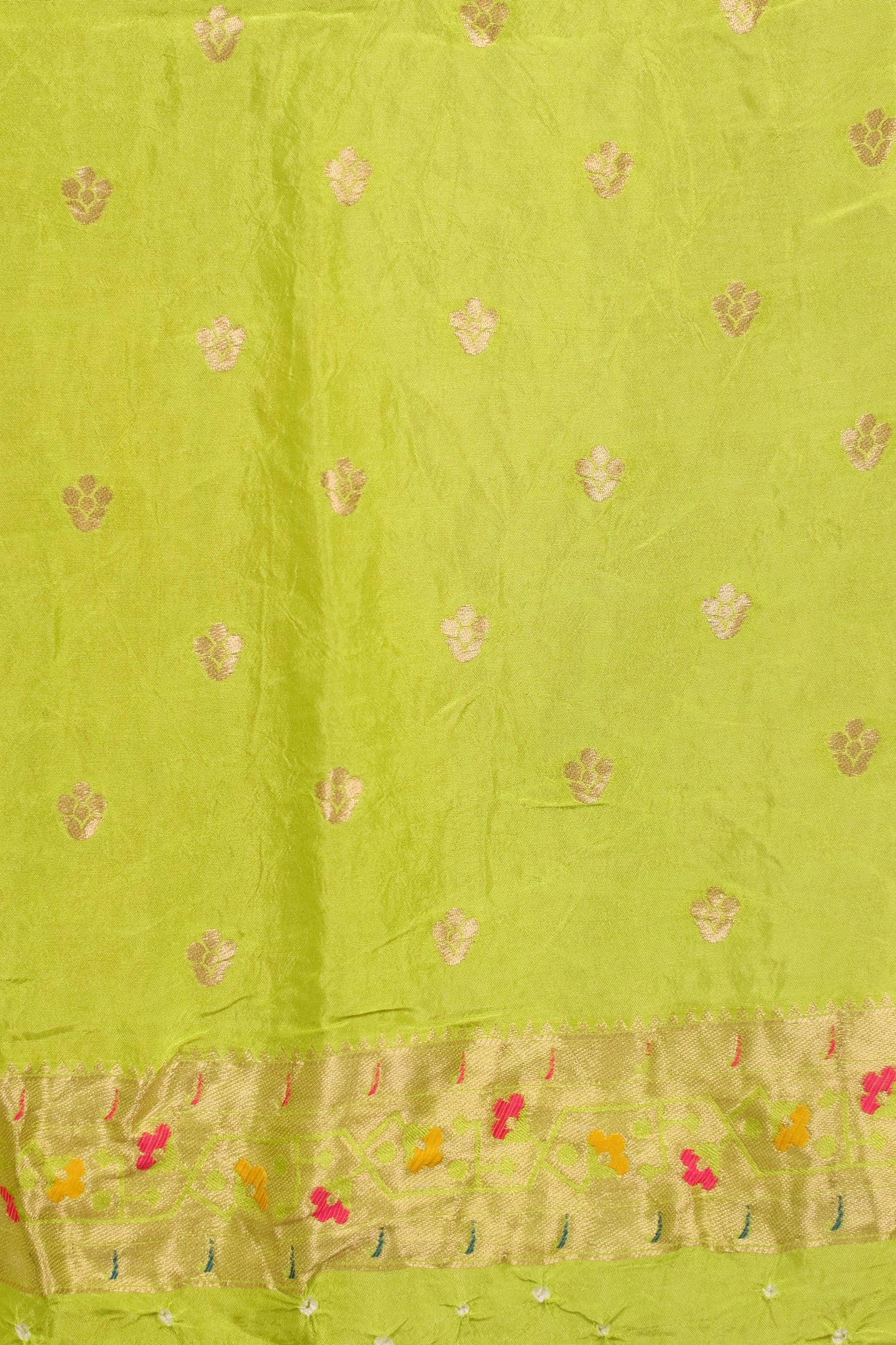 Lemon Green Handcrafted Bandhani Paithani Dola Silk Saree | Looms & Tassels