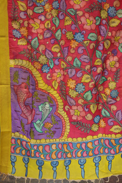 Pink Pen Kalamkari chennur silk duppata