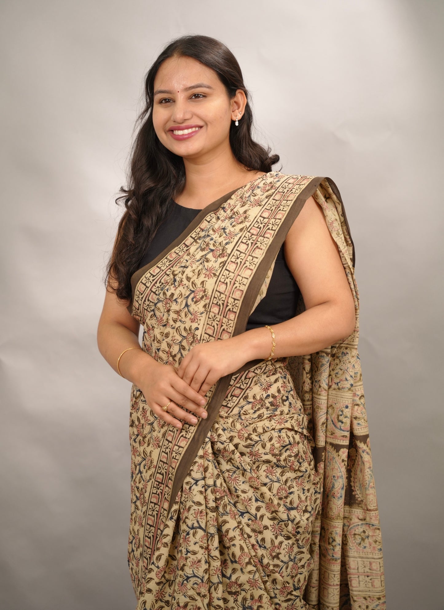 Cream Hand Block Printed Kalamkari Cotton Saree | Looms & Tassels
