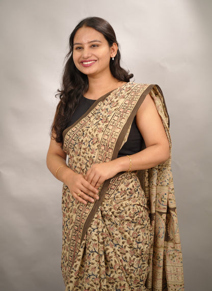 Cream Hand Block Printed Kalamkari Cotton Saree | Looms & Tassels