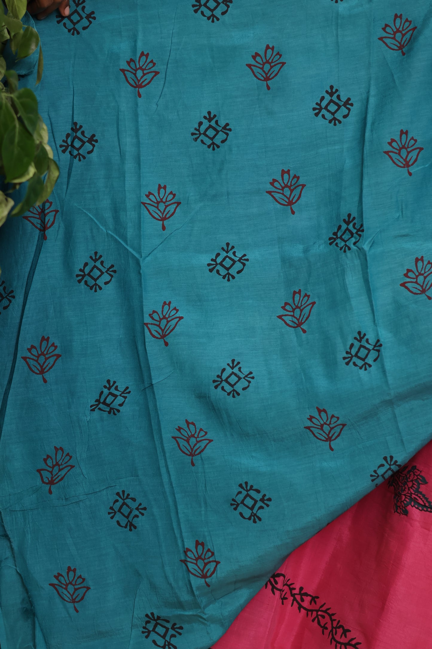 Pink Hand dyeing premium chennur silk with block prints saree