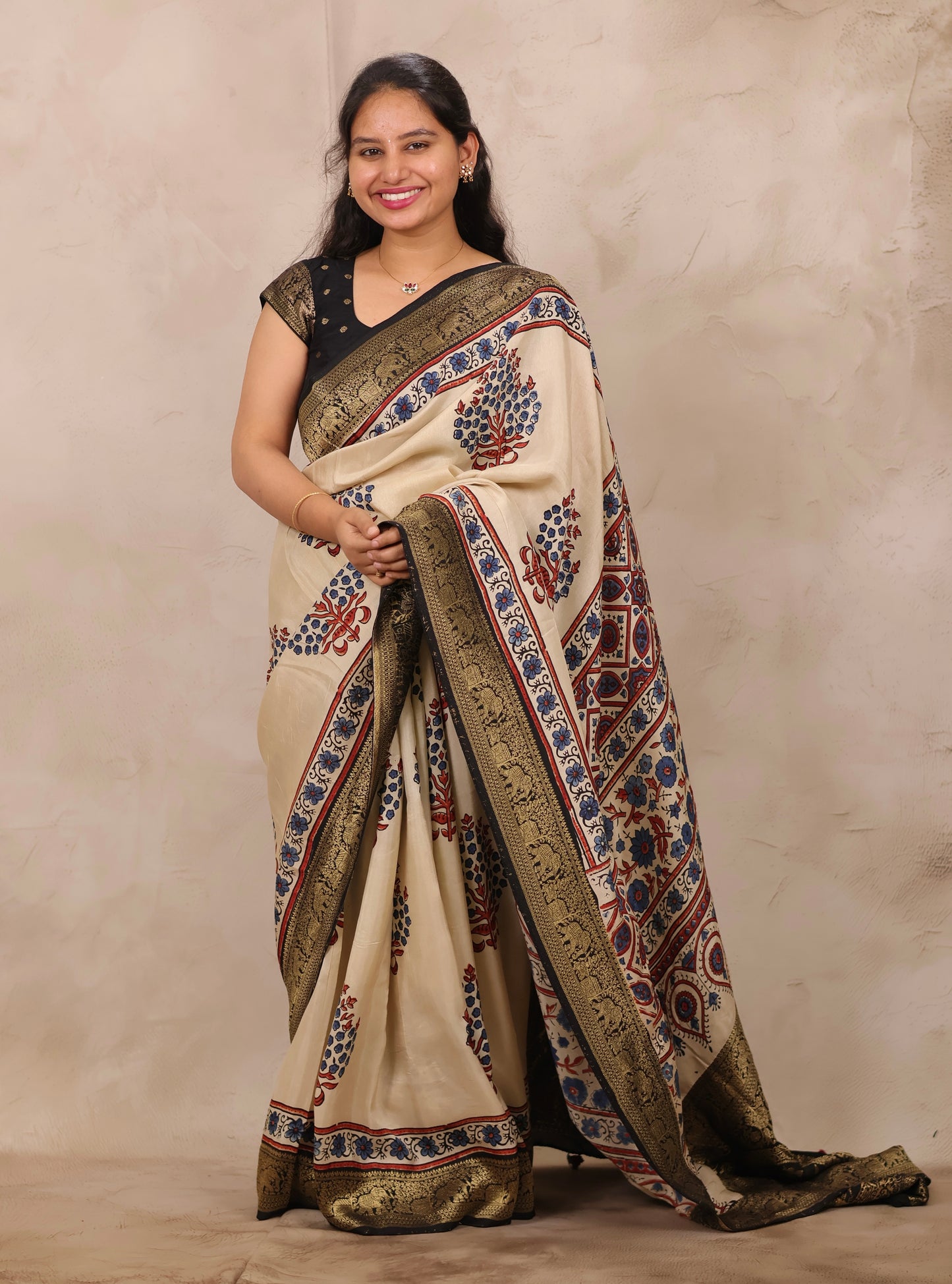 Cream Ajrakh Handblock printed Dola Silk Saree | Looms & Tassels